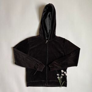 Y2k black velour zip up hooded sweatshirt